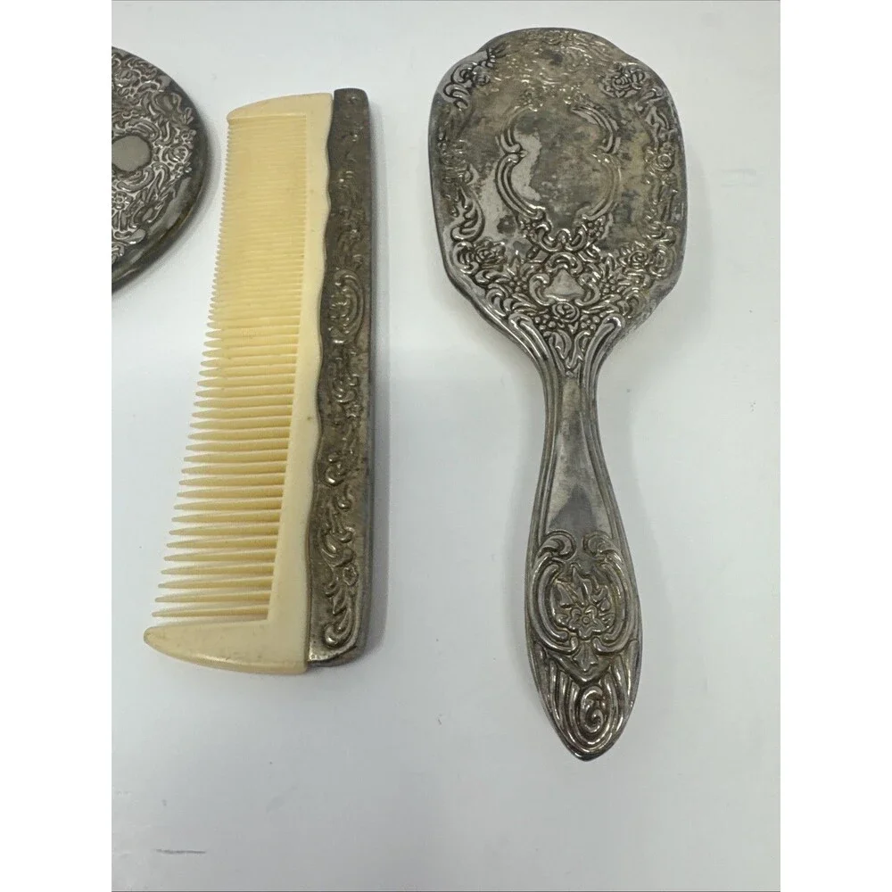Silver Plated Vanity Set Vtg Hand Mirror Hair Brush Comb Victorian Art Nouveau